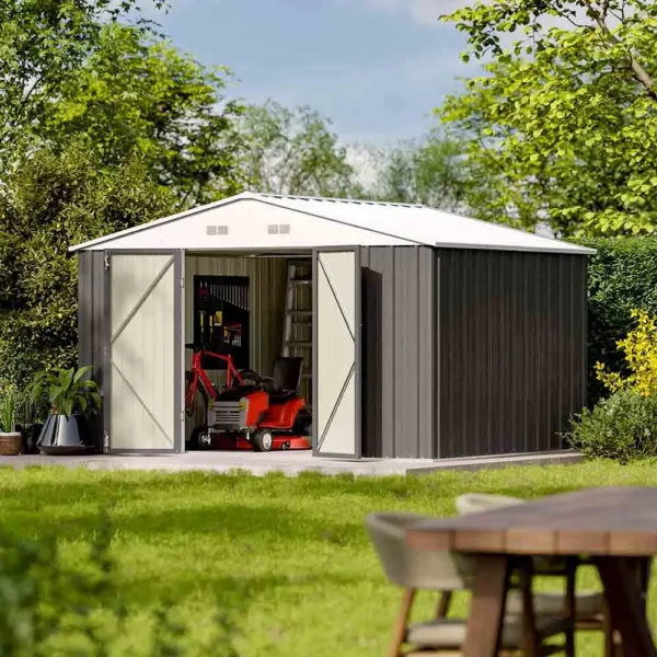 patiowell-10x8-large-storage-metal-shed-cool-gray-scene-1 Patiowell 10x8 Metal Shed with Floor, Gray