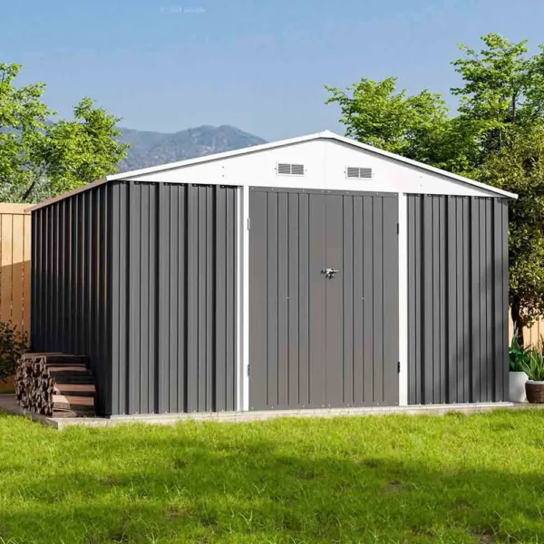 patiowell-10x8-large-storage-metal-shed-cool-gray-scene-2 Patiowell 10x8 Metal Shed with Floor, Gray