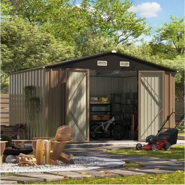 patiowell-10x8-metal-shed-scene-2Large Patiowell 10x8 Metal Shed with Weather Resistance, Brown